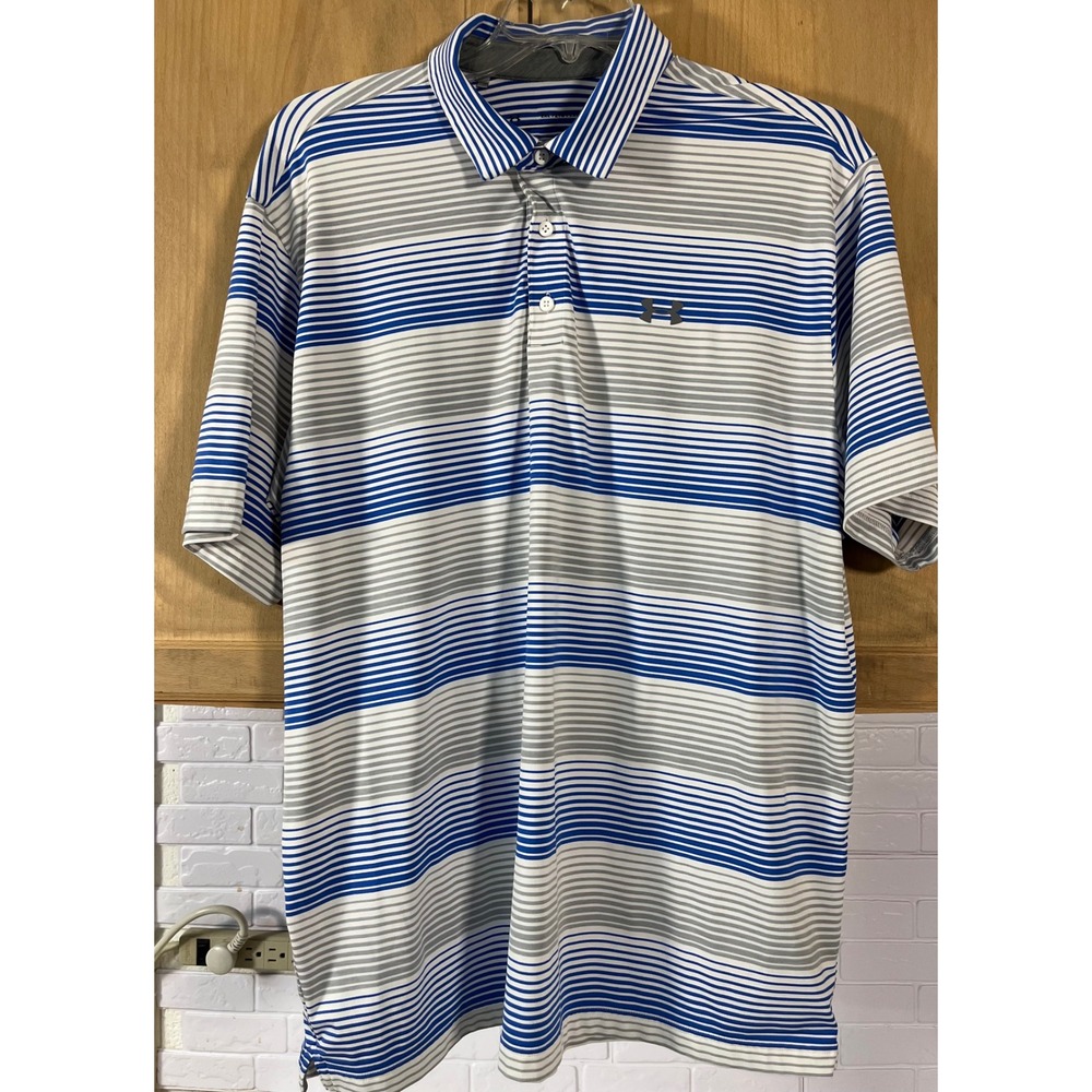 Under Armour Polo Shirt Mens 2XL Blue Striped HeatGear Short Sleeve Loose Fit